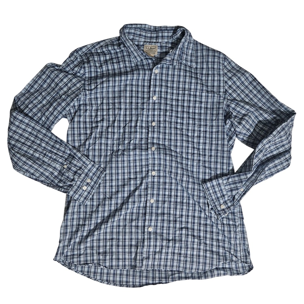LL Bean Mens Large Tall Blue Plaid Button Down Shirt Slightly Fitted 522606
